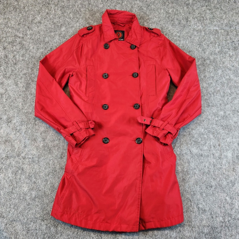 SCOTTeVEST Tec SeV Trench Coat Women M Red Belted Collared Double Breasted
